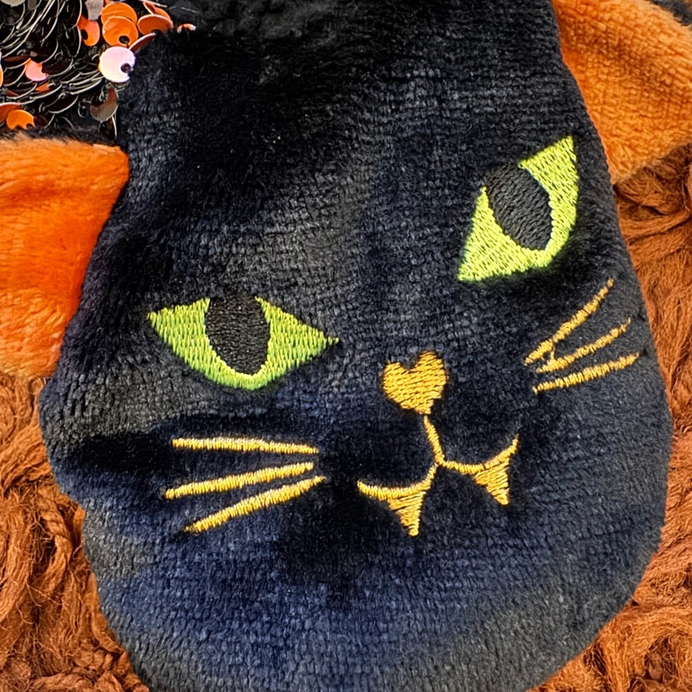 M/L Sequins Black Cat Grippers Slipper Socks with Faux Fur